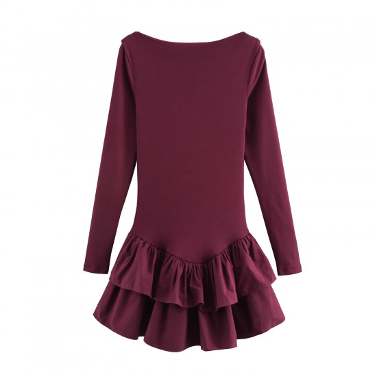 Wholesale short dress 2025 spring, European and American cross-border long-sleeved layered decorative pullover solid color boat collar mini skirt