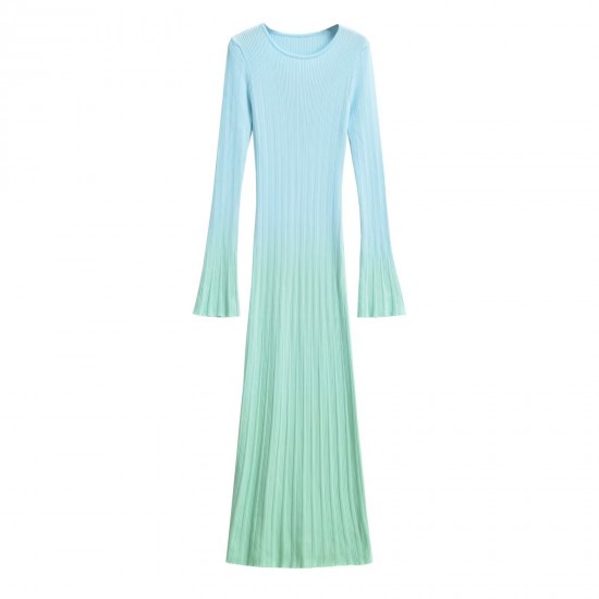 Wholesale summer new women's clothing gradient color round neck pullover long-sleeved fitted knitted long dress for foreign trade