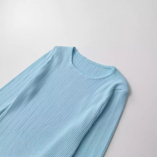 Wholesale summer new women's clothing gradient color round neck pullover long-sleeved fitted knitted long dress for foreign trade