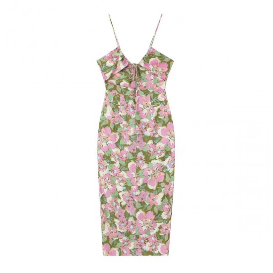 2110 Summer new women's dress with European and American style halter V-neck, flower print, high-waisted single-breasted slit 2110 Summer new women's dress with European and American style halter V-neck, flower print, high-waisted single-breasted slit