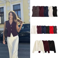 Wholesale of knitted waistcoats and vests for foreign trade, fashionable and casual, new 2024 collection of button gold European and American style women's clothing