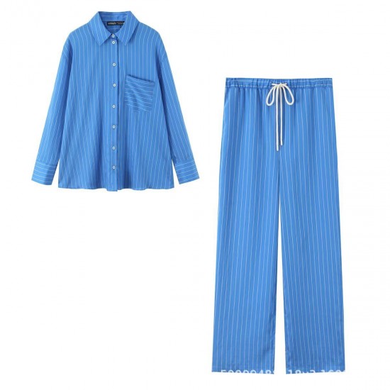 A 2025 new women's clothing set with a simple and loose European and American style, featuring a striped shirt and pajama pants A 2025 new women's clothing set with a simple and loose European and American style, featuring a striped shirt and pajama pants