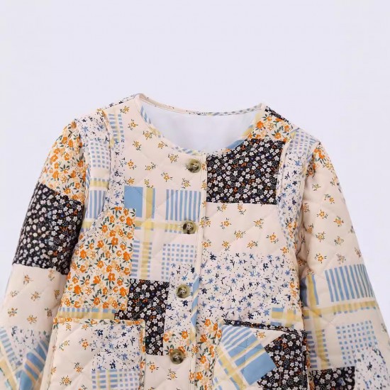 5756 Early Autumn new women's clothing, European and American style round-neck color-blocked small floral long-sleeved cotton-padded jacket
