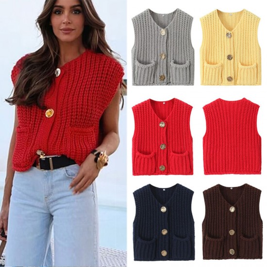 13-color Amazon bestseller 2024 Spring and Autumn new women's clothing, European and American style pocket sleeveless short knitted vest 13-color Amazon bestseller 2024 Spring and Autumn new women's clothing, European and American style pocket sleeveless short knitted vest
