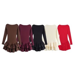 Wholesale short dress 2025 spring, European and American cross-border long-sleeved layered decorative pullover solid color boat collar mini skirt