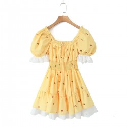 Winter's new women's dress with a European and American style, featuring a square-neck tie, short-sleeved, cinched waist and patchwork style