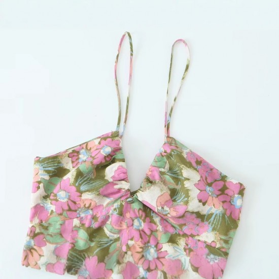 2110 Summer new women's dress with European and American style halter V-neck, flower print, high-waisted single-breasted slit 2110 Summer new women's dress with European and American style halter V-neck, flower print, high-waisted single-breasted slit