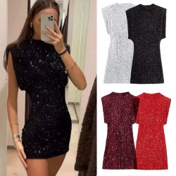 Wholesale sequined mini skirt 2025 Spring European and American style cross-border party sleeveless sequined slimming mini dress