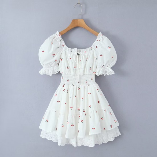 Winter's new women's dress with a European and American style, featuring a square-neck tie, short-sleeved, cinched waist and patchwork style