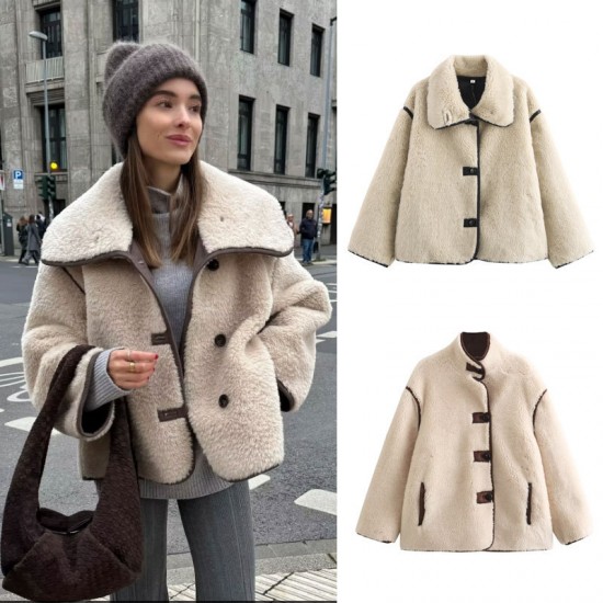 2024 Cross-border women's clothing wholesale with European and American style, fashionable and versatile French casual fleece stand-up collar loose lambskin coat 2024 Cross-border women's clothing wholesale with European and American style, fashionable and versatile French casual fleece stand-up collar loose lambskin coat
