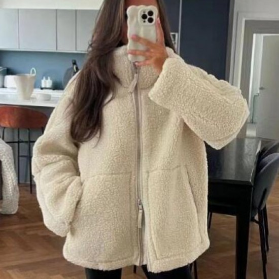 2024 Cross-border autumn/Winter women's clothing: European and American style, fashionable, loose and warm, color-blocking double-zipper faux lambskin coat 2024 Cross-border autumn/Winter women's clothing: European and American style, fashionable, loose and warm, color-blocking double-zipper faux lambskin coat
